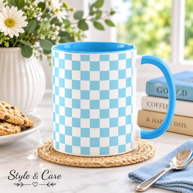 Taza Combo Azul de Huevo de Robin con Patrón Cuadr (Robin Egg Blue Combo Mug with White Square Pattern)