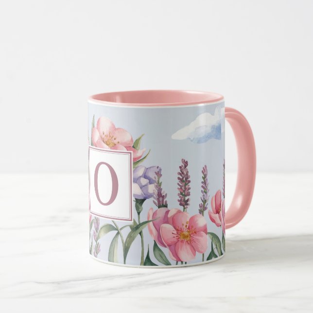 Taza Combo Monograma O Rosa Flores de Lavanda Rosa (Anverso derecho)