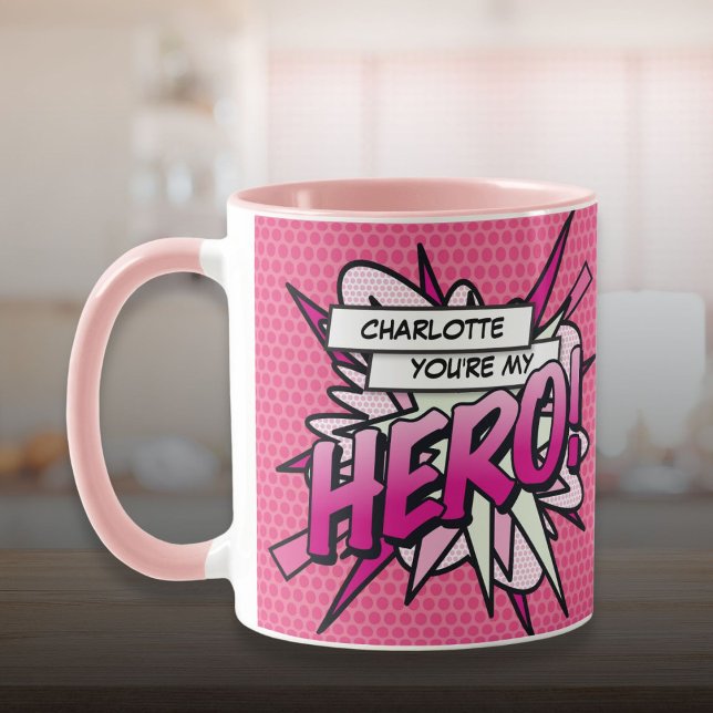 Taza Cómic Personalizado Eres Mi HÉROE Rosa (Personalized You're My HERO Comic Book Pink Mug)