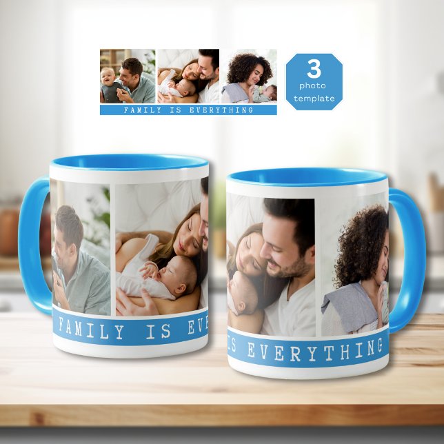 Taza Comilla de familia multiCollage de fotos de 3 imág (3 Picture Multi Photo Collage Family Quote Blue Mug
)