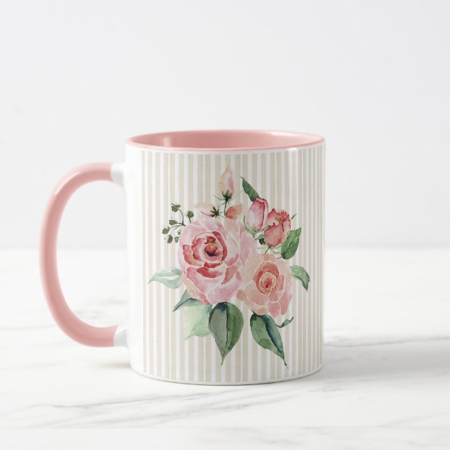 Taza Comprimido floral de rayas rosas chic Shabby  (Izquierda)