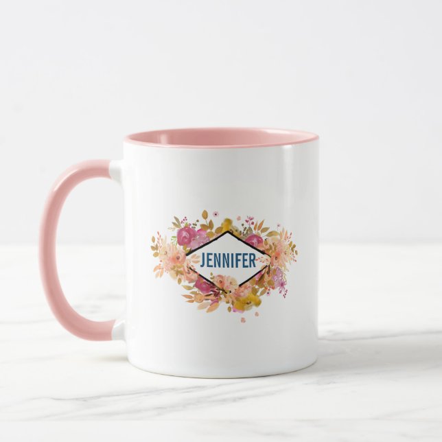 Taza Comprimido floral rosado con marco de diamante (Izquierda)
