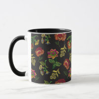 taza con bordado - flores sobre un fondo negro