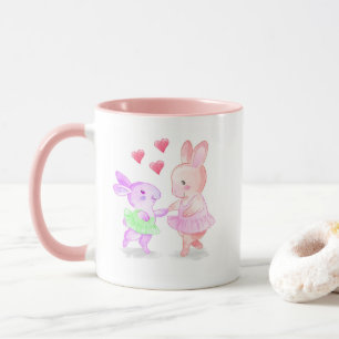 Taza con borde y asa rosa conejitos bailando tutú
