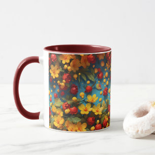 Taza con diseño de patrón floral vibrante amarillo