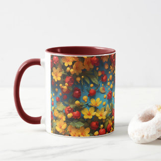 Taza con diseño de patrón floral vibrante amarillo