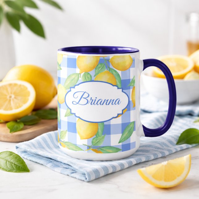 Taza con estampado de limón amarillo sobre cuadros (Subido por el creador)