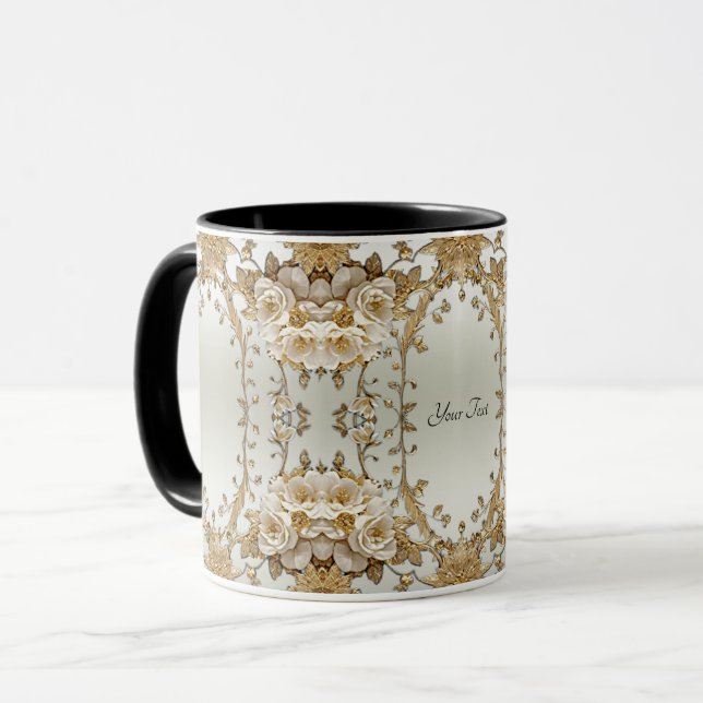 Taza con flores blancas doradas ornamentadas (Anverso izquierdo)
