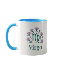 Taza con flores de aster y glifo del zodiaco Virgo
