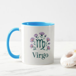 Taza con flores de aster y glifo del zodiaco Virgo