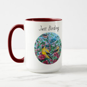Taza con flores rojas y pájaros pintados a mano