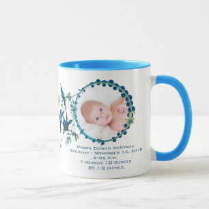 Taza con foto de niño, estadísticas de bebé, pájar