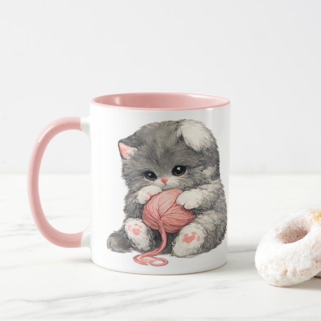 Taza con gatito adorable y ovillo de hilo rosa (Con donut)