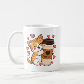 Taza con gatito lindo abrazando taza de café