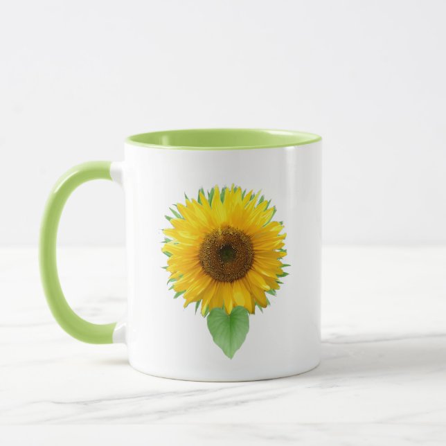 Taza con hermoso girasol y texto de alegría (Izquierda)