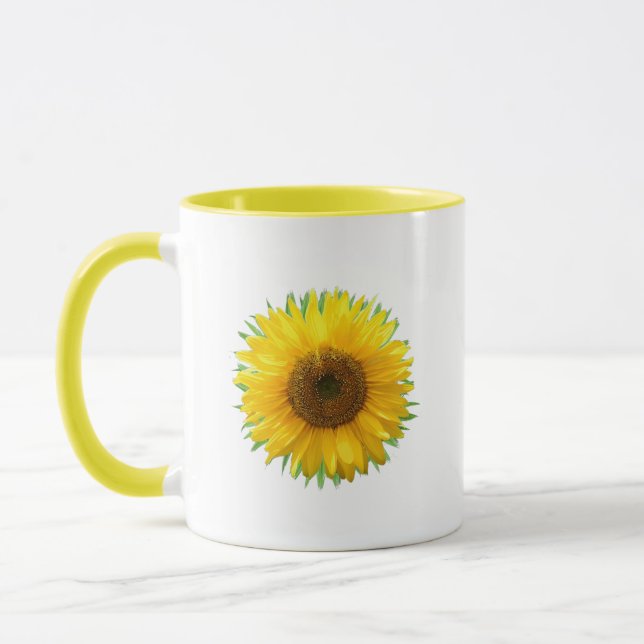 Taza con hermoso girasol y texto de alegría (Izquierda)