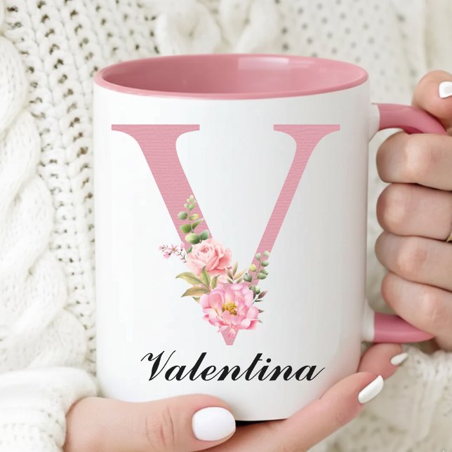 Taza con inicial de nombre de flores personalizada (Floral Rose Coffee Mug Christmas Gift for Her, Personalized Pink Floral Mug Gift for Mom or Grandma)
