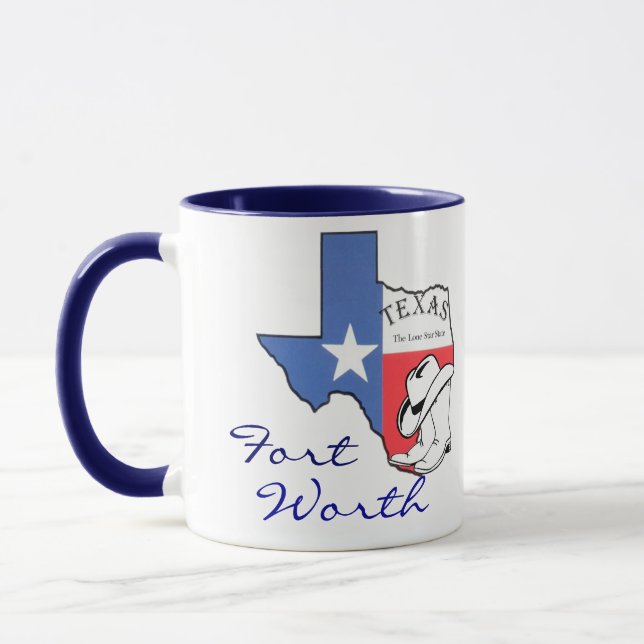 Taza con mapa del estado de Texas Ft Worth con est (Izquierda)