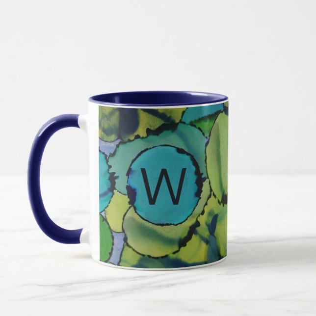 Taza con monograma de acuarela abstracta verde azu (Izquierda)
