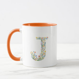 Taza con monograma de letra J en acuarela floral