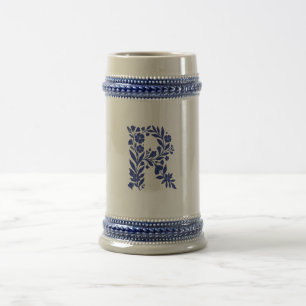 Taza con monograma de letra R floral azul