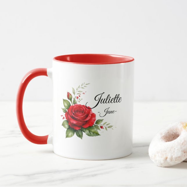 Taza con monograma de rosa roja – Flor de nacimien (Con donut)