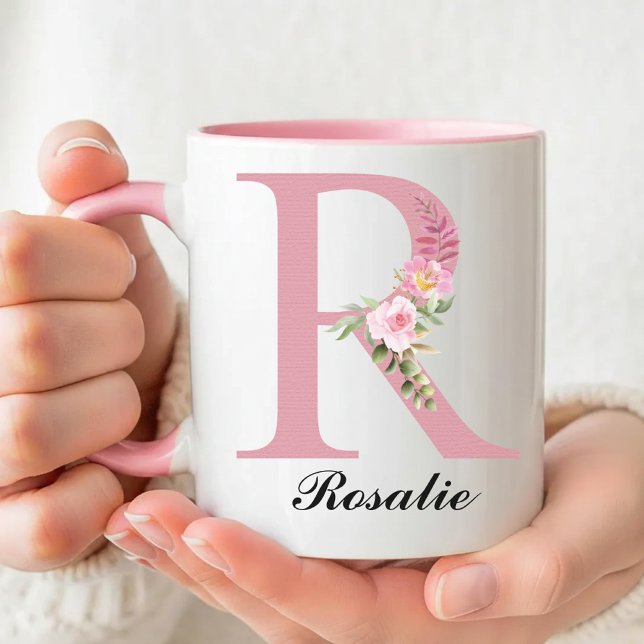 Taza con Monograma de Rosas Rosadas Personalizadas (Personalized Rose Mug Christmas Gift for Her, Floral Monogram Coffee Mug Thank You Gift for Her)