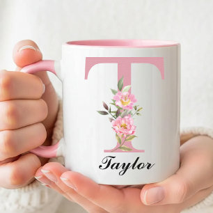 Taza con Monograma Floral de Rosa con Nombre Perso