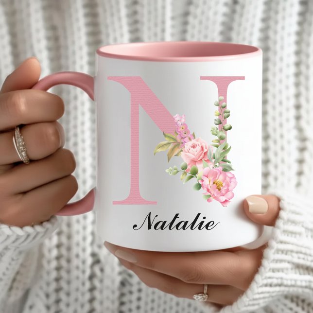 Taza con Monograma Floral de Rosa Rosa Personaliza (Personalized Floral Mug Christmas Gift for Her, Pink Rose Monogram Mug Bridal Shower Gift for Her)