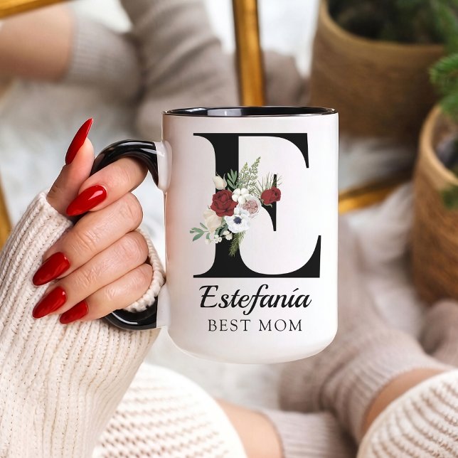 Taza con Monograma Floral Personalizado Regalo par (Personalized Floral Alphabet Mug Gift for Mom, Teacher, Nurse, Doctor, Coworker, Boss or Bridesmaid)