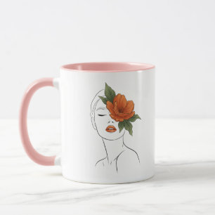 Taza con mujer de arte de línea floral boho