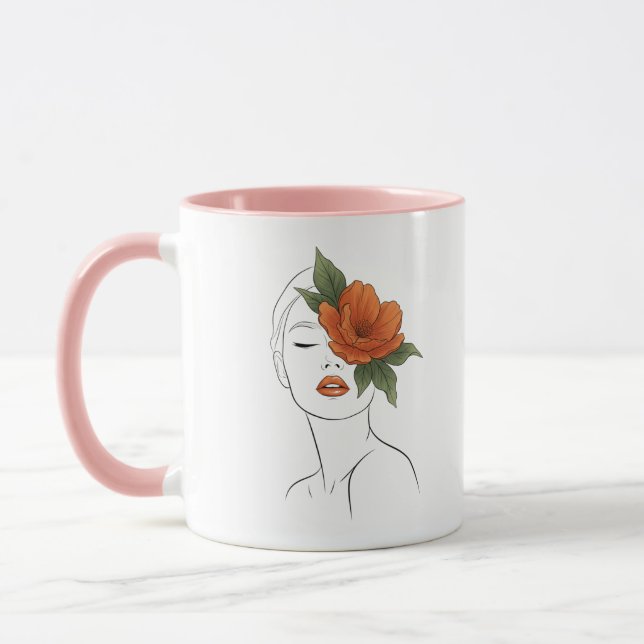 Taza con mujer de arte de línea floral boho (Izquierda)