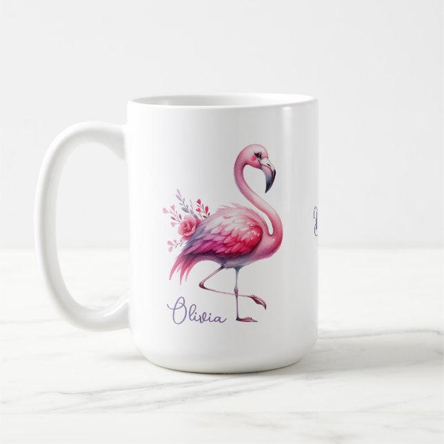 Taza con nombre de flamenco rosa elegante y rosas (Izquierda)
