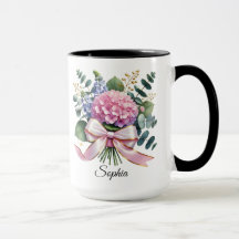 Taza con nombre de flor de hortensia personalizada