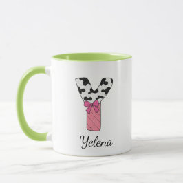 Taza con nombre inicial personalizado | Vaca rosa 