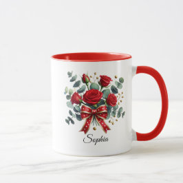 Taza con nombre personalizada de rosa roja como re