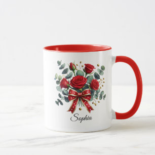 Taza con nombre personalizada de rosa roja como re
