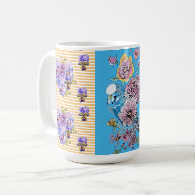 Taza con pájaros florales Budgie rosas y azules pi (Anverso izquierdo)