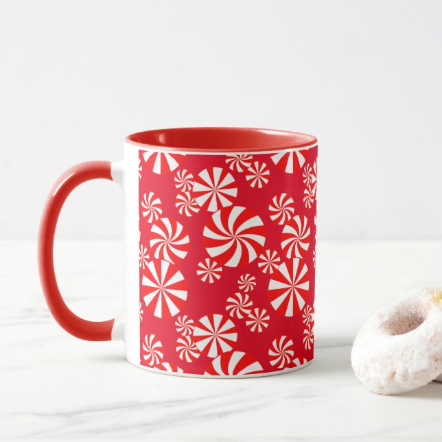 Taza con patrón de caramelo de menta roja y blanca (Con donut)
