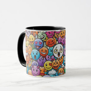Taza con patrón de caras de emoji coloridas y lind