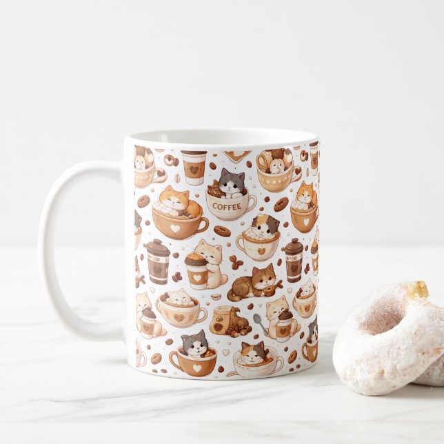 Taza con patrón de gatito adorable y café (Con donut)