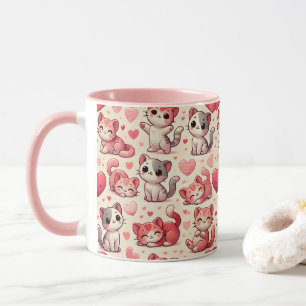 Taza con patrón de gato lindo y corazones - Rosa y