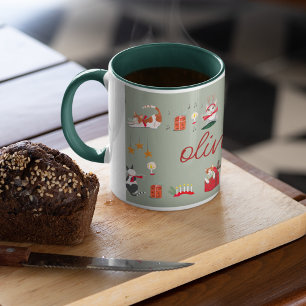 Taza con patrón navideño verde gato retro lindo