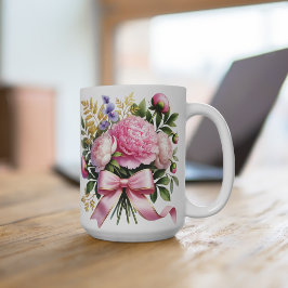 Taza con ramo de peonía rosa, taza de café floral