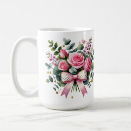 Taza con ramo de rosas rosadas, taza de café flora