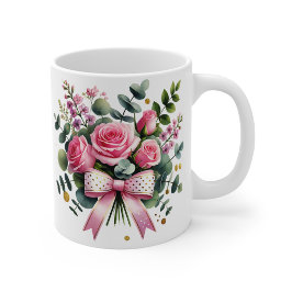Taza con ramo de rosas rosadas, taza de café flora