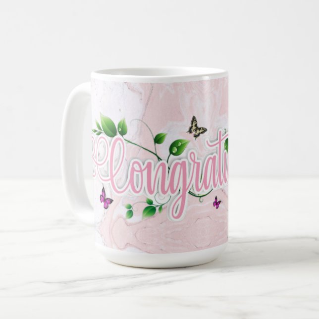 Taza con texto de felicitaciones florales rosadas (Anverso izquierdo)