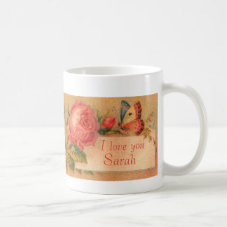 Taza con un Victorian del vintage subió, "te amo "