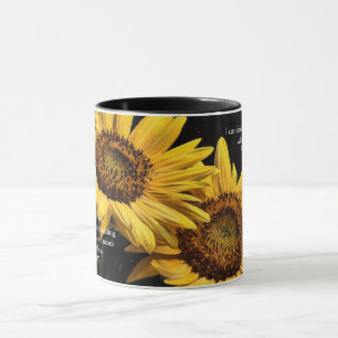 Taza con versículo bíblico de fe negra y girasoles