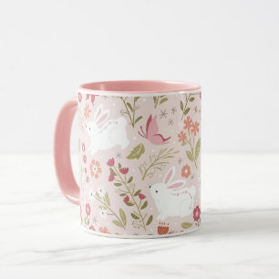 Taza Conejito lindo y jardín de primavera de mariposas